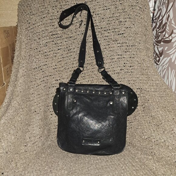 LUCKY BRAND Large Black Leather Saddlebag Studded Shoulder/XBody-Excellent - Picture 4 of 9